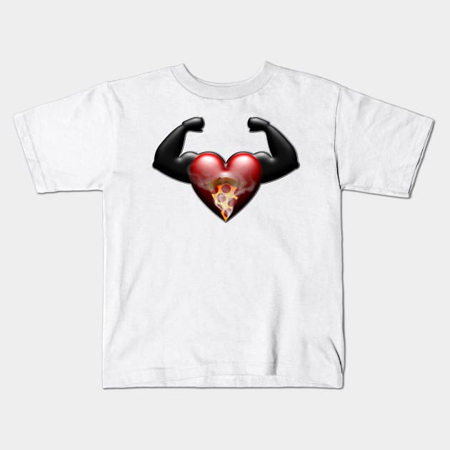 muscle flexing heart with steaming pizza slice Kids T-Shirt by DrewskiDesignz